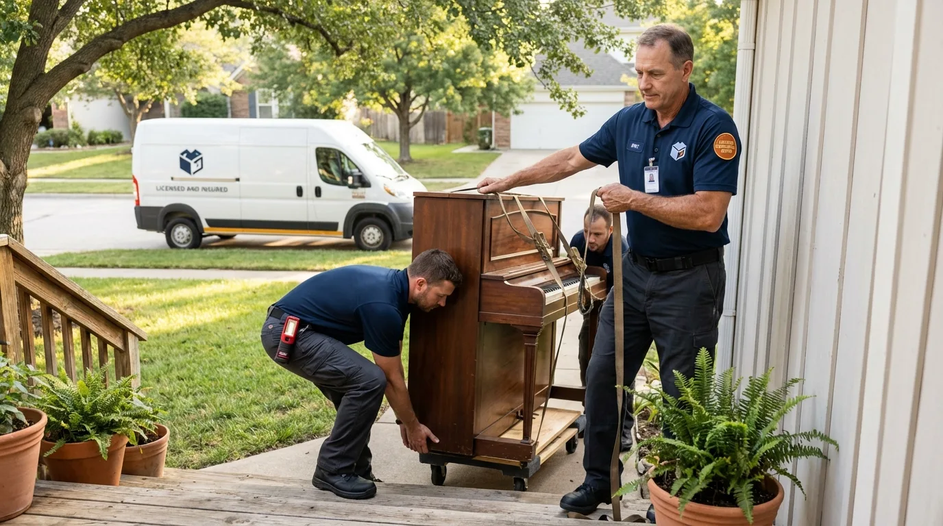 Licensed piano movers securing grand piano in Patton, PA