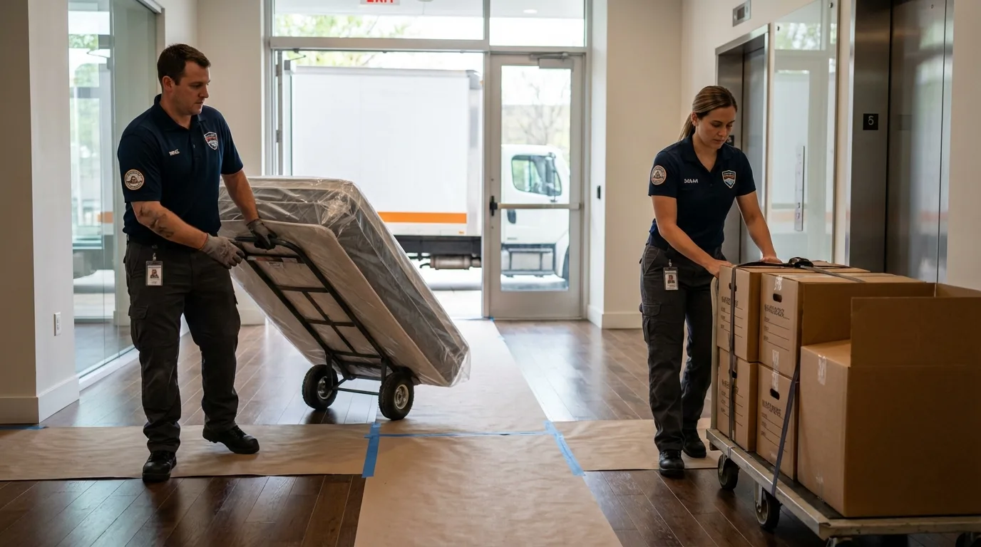 Professional apartment movers loading elevator in Patton, PA